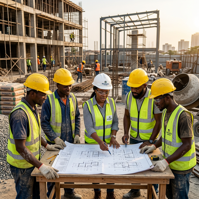 Construction workers reviewing plans
